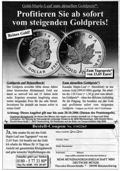 Angebot für den Gold Maple Leaf 2006 Angebot für den Gold Maple Leaf 2006