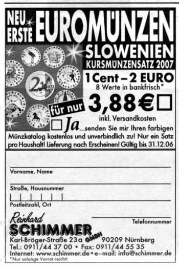 Coupon für die Euromünzen aus Slowenien Coupon für die Euromünzen aus Slowenien